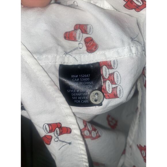 Departwest Beer Pong Short Sleeve Button Up Shirt White Red Men's Size Medium - Picture 7 of 8